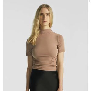 OGL Eco-SkinKiss® Ruched Sides Mock Neck Short Sleeve Top